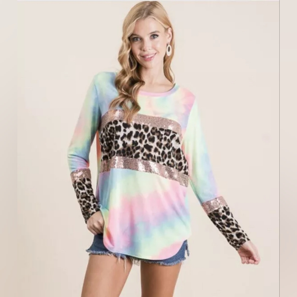 BiBi Tie-Dye Sequined Long Sleeve Sweater With Animal Print Detail